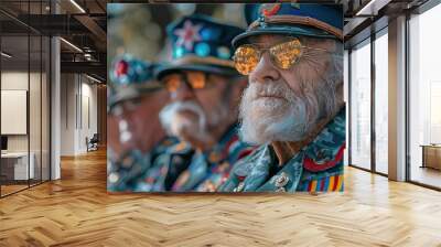 A spirited salute from veterans graces a Memorial Day parade, captured against a blurred backdrop that offers ample space for customization. Wall mural