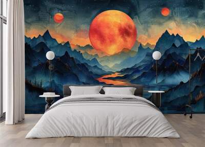 A vibrant illustration of a river flowing through a sacred landscape. Wall mural