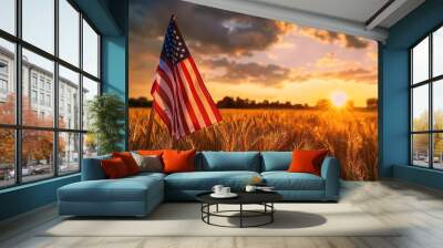 American flag flies over wheat field on Fourth of July. Wall mural