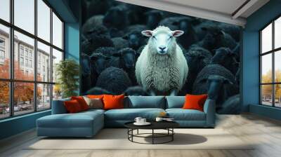 Amidst a herd of black sheep, a white sheep stands prominently, representing leadership and individuality. Wall mural