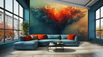 An abstract illustration of a heart with wings, symbolizing the freedom and love that democracy brings. Wall mural