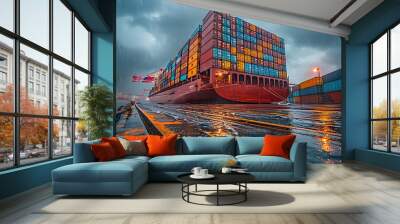 Bustling port showcases global logistics as large cargo ship loads multicolored containers. Wall mural