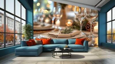 Close-up of a dining room with a set table and elegant place settings. Wall mural