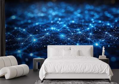 Featuring complex patterns and connections, an abstract blue digital network is displayed. Wall mural