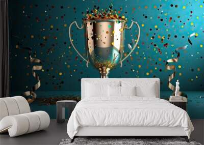 Golden and silver championship cup or winner trophy with confetti and ribbon, wide banner with space for text Wall mural