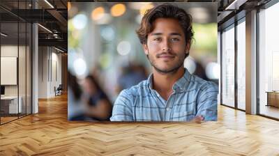 Portrait of a young professional against a tech office backdrop, conveying a sense of modern work environment and professionalism. Wall mural