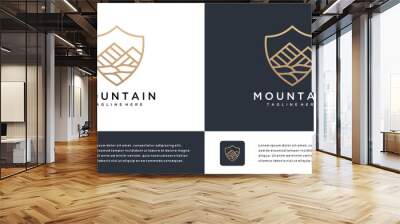 Shield logo design template with mountains in modern line art. Wall mural