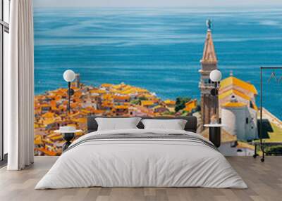 Panoramic view of Piran old town and Adriatic sea with St. George's Parish Church in Slovenia Wall mural