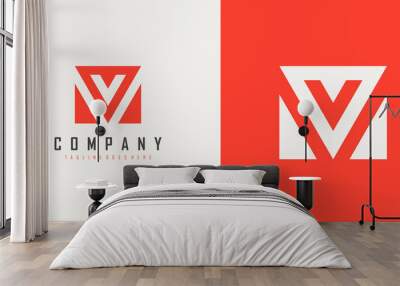 Abstract Initial Letter V and M Linked Logo. Red Geometric Shape Origami Style isolated on Double Background. Usable for Business and Branding Logos. Flat Vector Logo Design Template Element. Wall mural