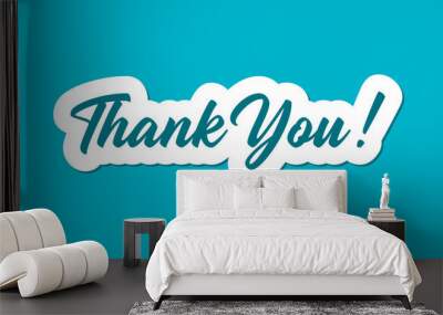 Thank You Card. Blue Text Hand Drawn Lettering Calligraphic in White Cloud isolated on Blue Sky Background. Vector illustration Wall mural