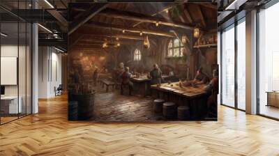 art illustration of medieval tavern. AI generative Wall mural