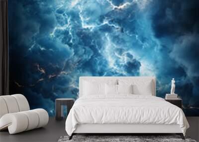 Blue lightning on light gray background. AI generative Wall mural