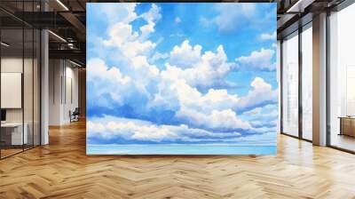 Blue sea, light blue sky and white clouds, Watercolor painting. AI generative Wall mural