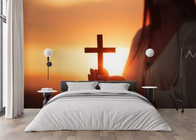 Christian religion and Resurrection concept. woman hands holding worship of cross, hope and faith. AI generative Wall mural