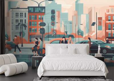 Flat 2d illustration city where people walking, some go to their work, cars on the road, high resolution. AI generative Wall mural