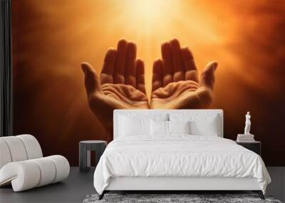 Human hands open palm up worship with faith in religion and belief in God on blessing background Wall mural