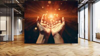 Human hands open palm up worship with faith in religion and belief in God on blessing background Wall mural