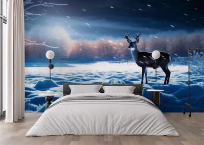 roe deer, snow scene, Long exposure light photography neon octane render of bright blue northern. AI generative Wall mural