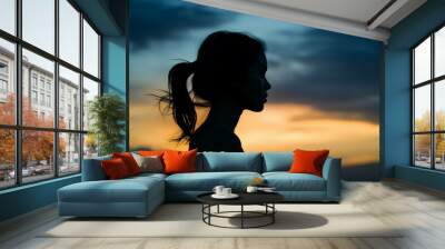 Side view, Silhouette of the face, a person, low angle, blurred fresh dawn sky. AI generative Wall mural