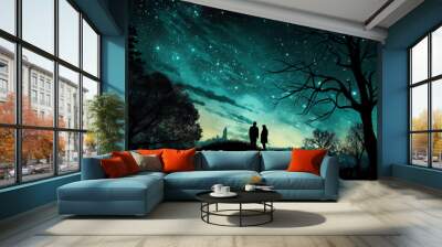 Silhouettes of two stargazing woman saying goodby, surrounded by trees and the contour of london city in the background. AI generative Wall mural