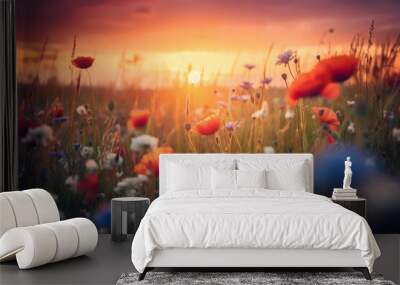 Summer flower field close up with wild romantic sunset. AI generative Wall mural