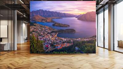 Aerial view of Queenstown downtown at twilight sunset, South Island, New Zealand Wall mural