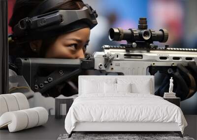 Close-up photo of a woman practicing shooting a rifle Wall mural