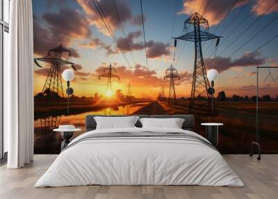 High-voltage electric towers stand side by side in the silhouette background at sunset. Wall mural