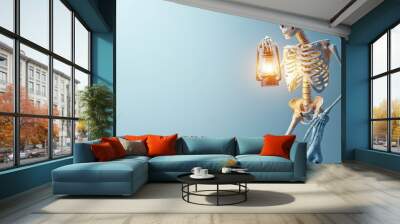 3D graphic of a skeleton holding a lantern, airy and tidy, gray background, distinct colors, divided layers Wall mural