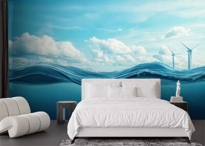 A body of water with two windmills in the distance Wall mural