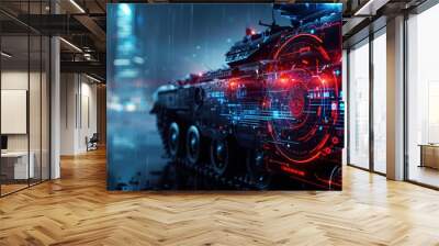 A futuristic tank with a red and blue design is shown in a city setting Wall mural