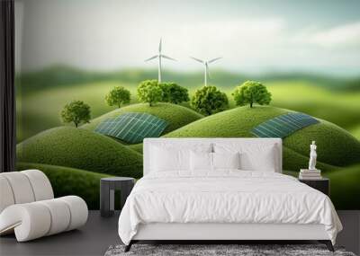 A green hill with two wind turbines and trees Wall mural