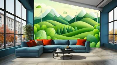 A green landscape with mountains and windmills Wall mural