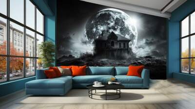 A house is surrounded by a dark field with a large moon in the background Wall mural