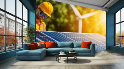 A man in a yellow shirt and a hard hat is working on a solar panel Wall mural