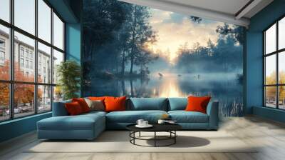 A serene scene of a lake with a few birds and a dog Wall mural