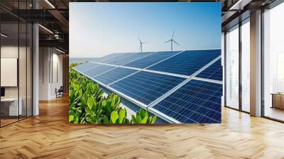 A solar panel array is installed on a hillside next to a body of water Wall mural