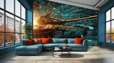 A tank is in the middle of a city with a bright orange glow Wall mural