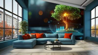 A tree is lit up with a glowing light and is surrounded by a blue background Wall mural