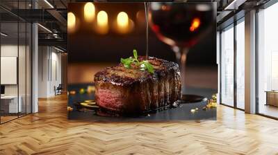 Buttery Wagyu sirloin, elite dining atmosphere, realistic photograph, Wall mural