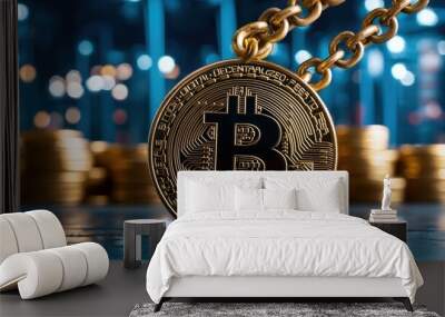 Golden Bitcoin Token on Chain Against Blurred Background Wall mural