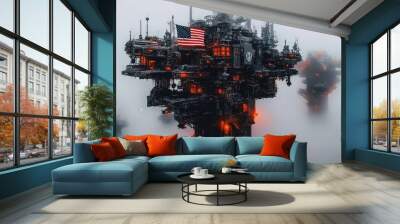 Industrial Offshore Platform in Fog with American Flag Wall mural