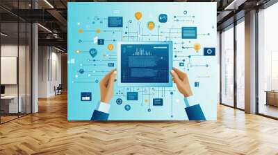 Person reading a contract, binary code replacing text, digital agreements and ethical challenges, flat design illustration Wall mural