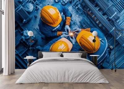 Three men wearing orange helmets and safety gear are working on a project Wall mural