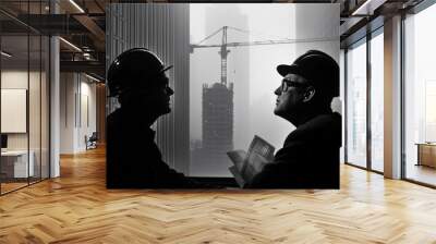 Two men in construction gear are looking out a window at a construction site Wall mural