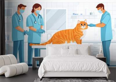 Veterinary staff grooming a cat, cheerful clinic atmosphere, flat design illustration Wall mural