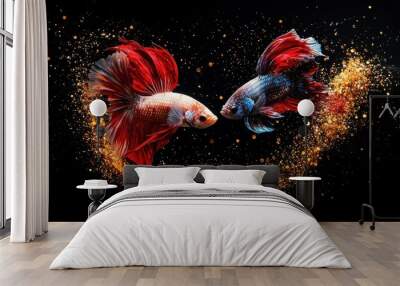 Vibrant modern art featuring two flowing betta fish in intense scarlet and luminous gold, adorned with intricate sparkles on deep black backdrop, premium quality decor. Realistic photograph, Wall mural