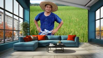 Portrait of happy Asian Thai male farmer wears cowboy hat  is at his green organic rice paddy field.      Wall mural