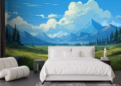 illustration of a lake view in a meadow between trees with a background of mountains and blue sky Wall mural