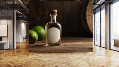 Tequila bottle with blank label and fresh limes on wooden table Wall mural